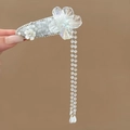 Detailed close-up of an elegant crystal flower hair clip with dangling bead tassels - Duckbill Clip (HH9773) / Single Piece / White