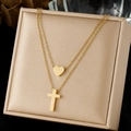 Gold double-layered stainless steel necklace featuring heart and cross pendants - Double Layer Heart Cross Style (N4169)