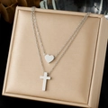 Double-layer silver stainless steel necklace featuring heart and cross pendants - Double Layer Heart Cross Style (N4170)