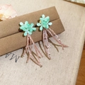 Detailed view of mint green flower earrings with long pink beaded tassels - Style 49 (Silver Pin)