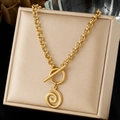 Gold plated stainless steel necklace featuring a spiral pendant and toggle clasp - OT Buckle Spiral Pendant Style (N4167)