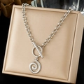 Silver-toned stainless steel chain necklace with OT buckle and spiral pendant detail - OT Buckle Spiral Pendant Style (N4168)