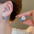 Elegant white flower and grey-blue pearl stud earrings shown worn by an Asian model - French White Flower Blue Bead Earring Style (Silver Earring Post-47#)