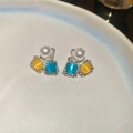 Vibrant summer dopamine style stud earrings with white pearl, blue and yellow square gems - Contrast Square Pearl Stud Style (Silver Earring Post-64#)