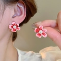 Elegant pink and red hand-painted floral stud earrings featuring a sweet pearl center - Pink Gradient Glazed Flower Pearl Style (Silver Earring Post-71#)