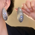 Elegant chunky silver oval earrings with three faux pearls, vintage matte finish design - Matte Silver Oval Three-Pearl Style (Silver Earring Post-84#)