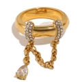 Bague élégante en acier inoxydable doré 18K avec chaîne à pompons et zircon - Taille 6 / Or