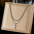 Double-layered silver stainless steel necklace with curb snake chain and cone pendant - Double Layer Geometric Spike Style (N4182)
