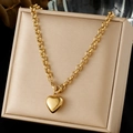 Chic gold-plated stainless steel necklace with a polished 3D heart pendant and rollo chain - Thick Chain 3D Heart Style (N4163)