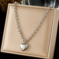 Minimalist silver stainless steel necklace with a polished heart pendant and rollo chain - Thick Chain 3D Heart Style (N4164)