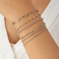 6er-Set silberne Edelstahlarmbänder mit Büroklammer und Schlangenkette am Handgelenk - Silber Armband Sechser-Set Layered (B2100)