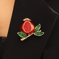 Elegant red pomegranate brooch with sparkling crystals and green leaves on black blazer - Red Pomegranate (DZ-300) / Gold