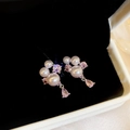 Elegant pink crystal pearl drop earrings with French vintage aesthetic for women's luxury style - Teardrop Zirconia Pearl Dangle (40#) / Silver Pink