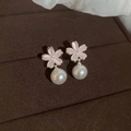 Detailed close-up of elegant pink cherry blossom stud earrings with white pearls - Pink Flower Style (6#) / Silver Pink