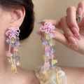 Close-up of multi-colored floral tassel earrings with pink beaded details - Style 19 (Silver Pin)