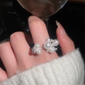 Elegant silver open ring with white pearls and sparkling zircons on model's hand - Silver Faux Pearl Zirconia Cluster Style (17#)