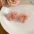 Boucles d'oreilles fleurs en tissu rose de style bohème avec tiges en argent doux - Style de Fleur Superposée (20#) / Rose