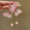Boucles d'oreilles papillon rose avec tige dorée et perle œil de chat pour femme - Style Long de Papillon en Tulle (25#) / Rose