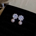 Elegant pink pearl and zircon stud earrings displayed on a black velvet box background - Large Zirconia Pink Pearl Style (11#) / Silver Pink