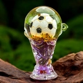 Creative soccer theme acrylic quicksand keychain with trophy ball inside on wood base - Purple