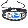 Detail of multi-layer leather bracelet with Greece flag glass dome and braided cords - 18mm Black / Greece
