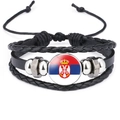 Macro detail of multilayer leather bracelet with Serbia flag glass dome and metal beads - 18mm Black / Serbia