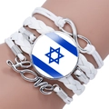 Detail of multi-layer white leather bracelet featuring Israel flag charm and Love symbol - White