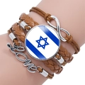 Detail of layered leather bracelet with Israel flag glass cabochon and Infinity Love charm - Brown