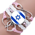 Pink and white multilayer bracelet with Israel flag cabochon and silver infinity charms - Pink and White