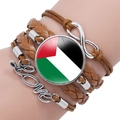 Multilayer leather bracelet with Palestine flag gem, Love charm and infinity symbol - Brown