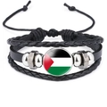 Detailed macro view of black leather bracelet with Palestine flag glass dome and metal beads - Standard Round Flag Style (52300901) / 18mm