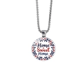Silver round pendant necklace with Home Sweet Home text and floral wreath on box chain - Home Sweet Home Floral (JY008855-4)