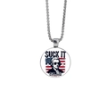 Detail of silver eagle pendant featuring US flag and patriotic graphic on long chain - Washington SUCK IT ENGLAND (JY008855-9)