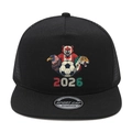 Detail of 2026 World Cup logo with soccer and animals on black snapback mesh cap - Black