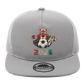 Detail of grey and white 2026 soccer trucker hat featuring North American motifs - Gray