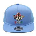 Nahaufnahme einer hellblauen 2026 Sportmütze mit bunten Fußball-Tiergrafiken - Himmelblau