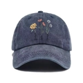 Gorra de béisbol de algodón gris oscuro lavado vintage con bordado floral y letras cursivas - Azul marino