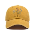 Vintage mustard yellow washed canvas baseball cap with botanical floral print and embroidery - Yellow