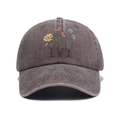 Detailed view of washed grey cotton baseball cap with floral embroidery and text - Coffee