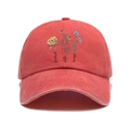 Close-up of red washed cotton baseball cap featuring floral embroidery and text details - Orange Red