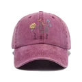 Burgundy washed cotton baseball cap with artistic floral print and cursive text embroidery - Burgundy