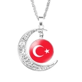 Silver crescent moon necklace with Turkey flag pattern glass gem in filigree frame - Turkey
