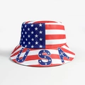 Reversible bucket hat featuring the USA flag design with white stars and stripes - USA Blue White Star Logo Letter Style (USA)