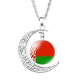 Silver crescent moon necklace with Belarus flag glass gem and hollow scroll pattern - Belarus