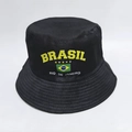 Detail of black Brasil bucket hat featuring flag embroidery and Rio de Janeiro text - M / Black-Brazil Theme
