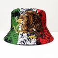 Macro detail of Mexico flag bucket hat with eagle crest and black ink splash texture - M (56-58cm) / Mexico Flag Pattern