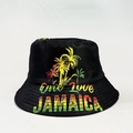 Détail d'un bob noir avec imprimé One Love Jamaica et silhouettes de palmiers tropicaux - Noir (Thème Jamaïque - Jamaica One Love)
