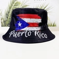Detail of Puerto Rico flag print and white script lettering on a black cotton bucket hat - Puerto Rico Flag Print (Black)