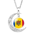 Silver crescent moon necklace with Moldova flag glass cabochon and hollow filigree design - Moldova