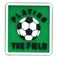 Green PVC soccer charm with Playing The Field text for shoes and bag accessories - PLAYING THE FIELD Slogan (07)
